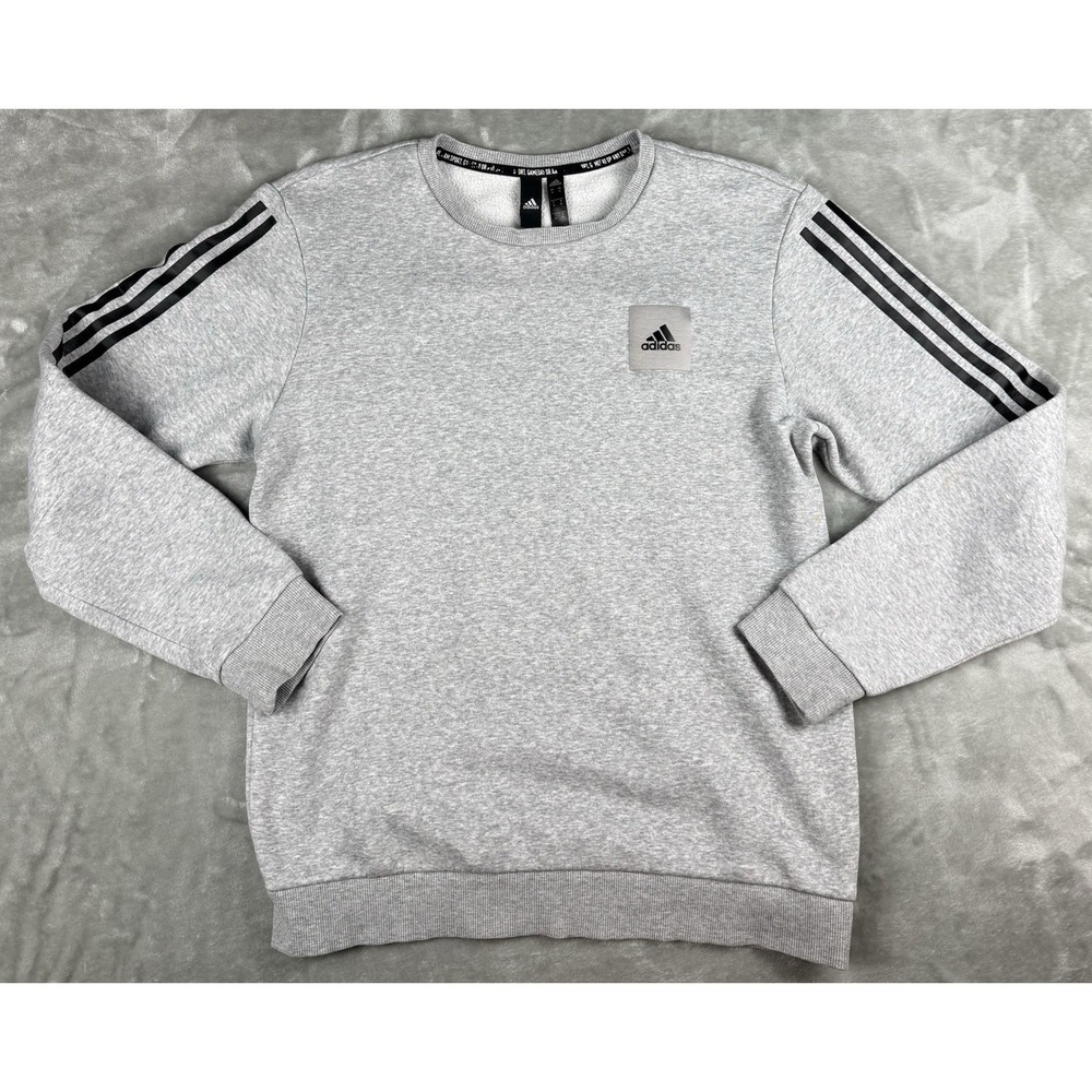 Adidas Mens Medium Gray Crewneck Sweatshirt 3 Stripe Athletic Pullover